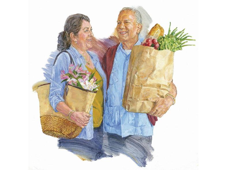 an illustration of a man and a woman holding groceries and smiling
