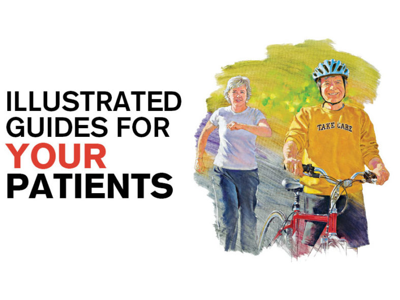 illustration of a man riding a bike and a woman jogging with the words 'Illustrated Guides For Your Patients' next to them